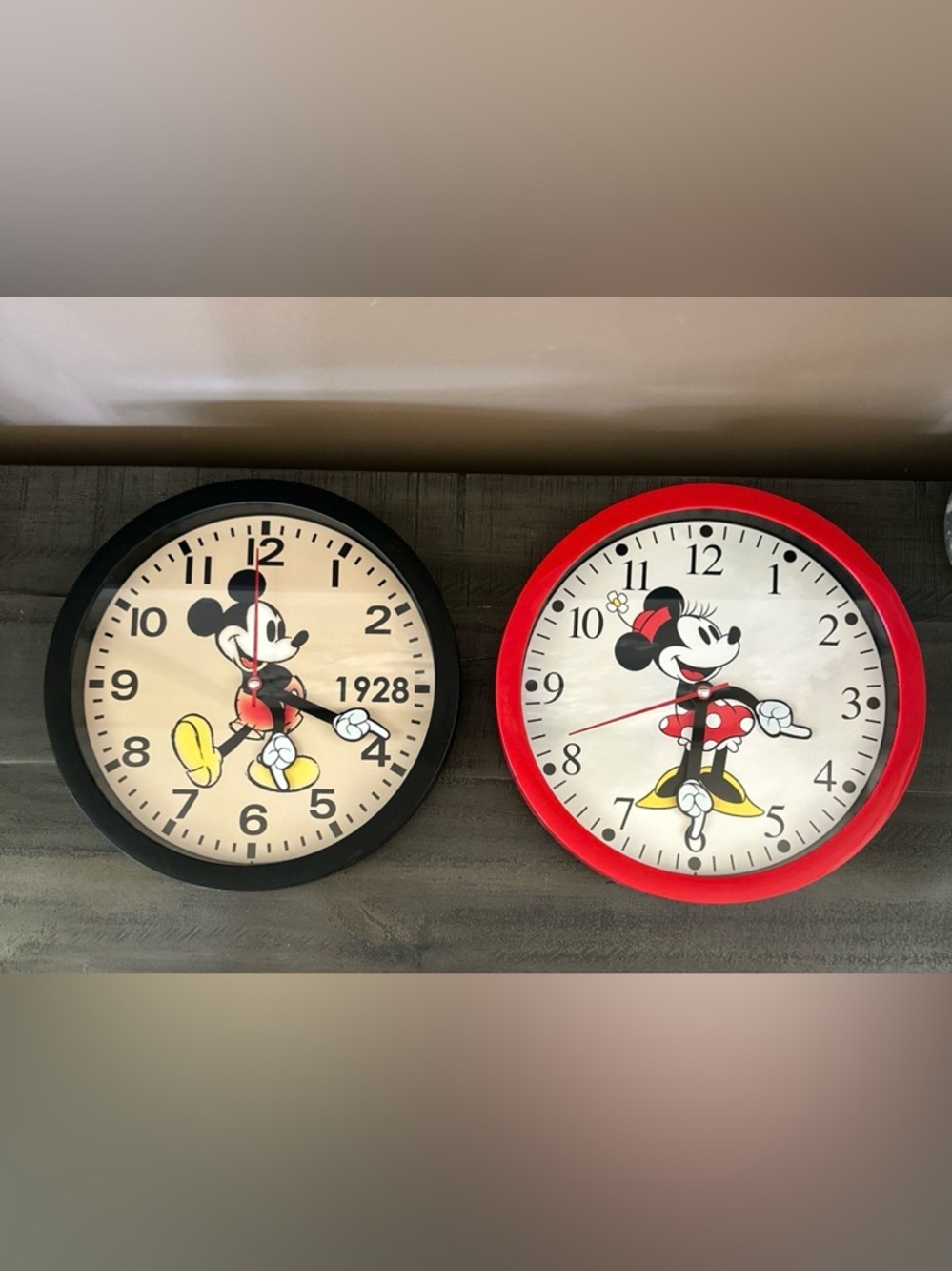 Disney Retro Style Mickey & Minnie Retro Wall Clocks - Black, Red, Yellow - 10”